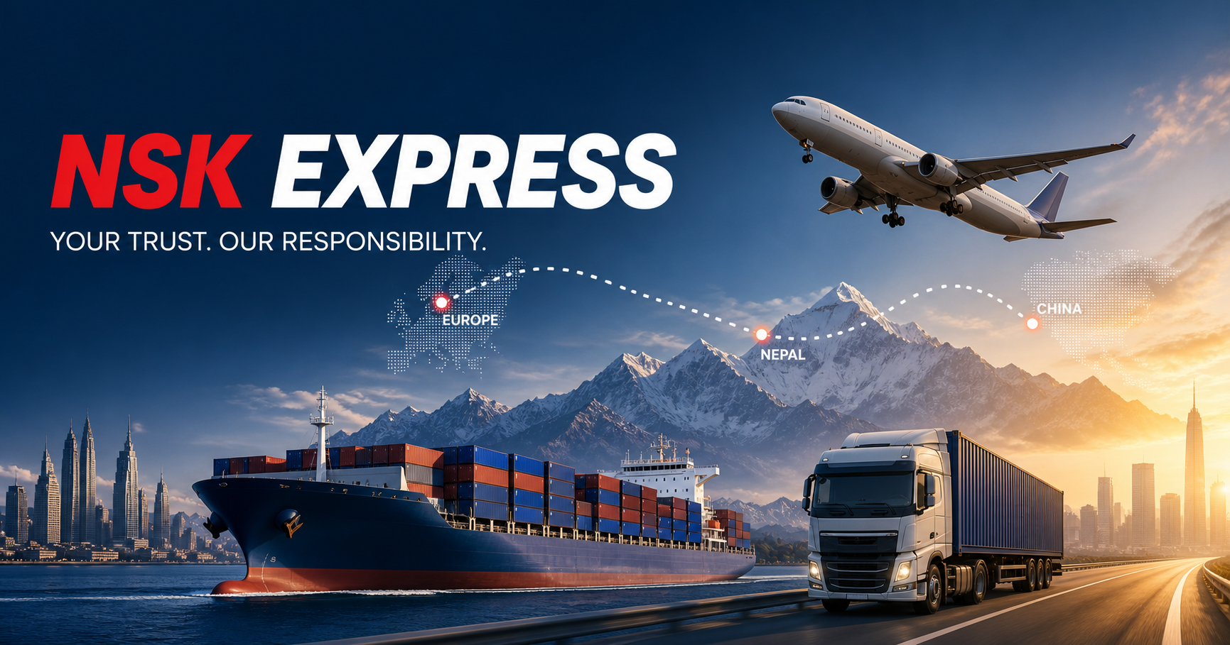 NSK Express hero banner showing cargo ship truck airplane and route map
