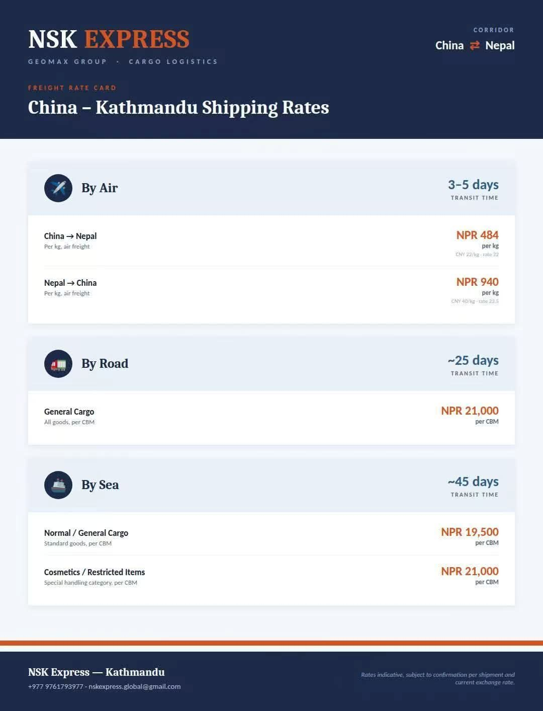 NSK Express rate card